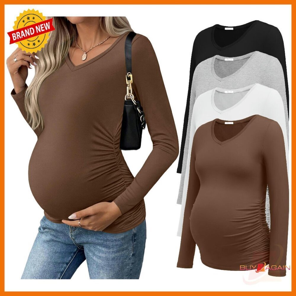 Maternity Long Sleeve V-Neck Tops 4 Pack Side Ruched Pregnancy Blouses